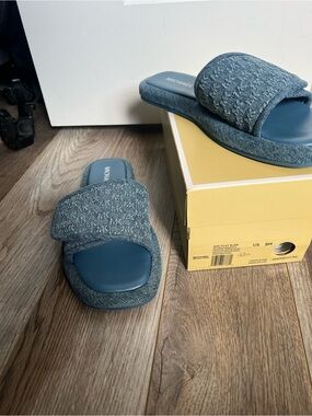 Michael Kors Denim-Textured Blue Slide Sandals